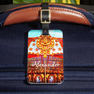Carousel retro vintage gold face photo custom name luggage tag