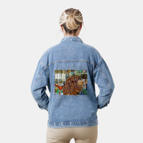 Carousel Roaring Lion Brown Mane Red Green Saddle Denim Jacket