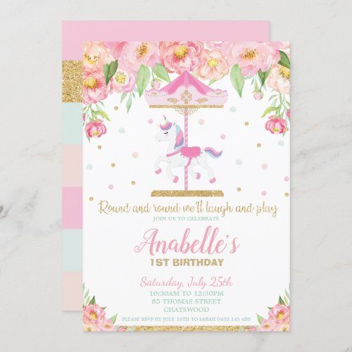Carousel Unicorn 1st Birthday Pink Floral Girl Invitation