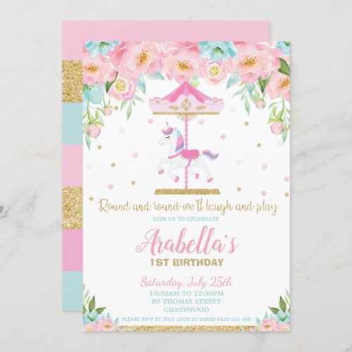 Carousel Unicorn 1st Birthday Pink Mint Floral Invitation