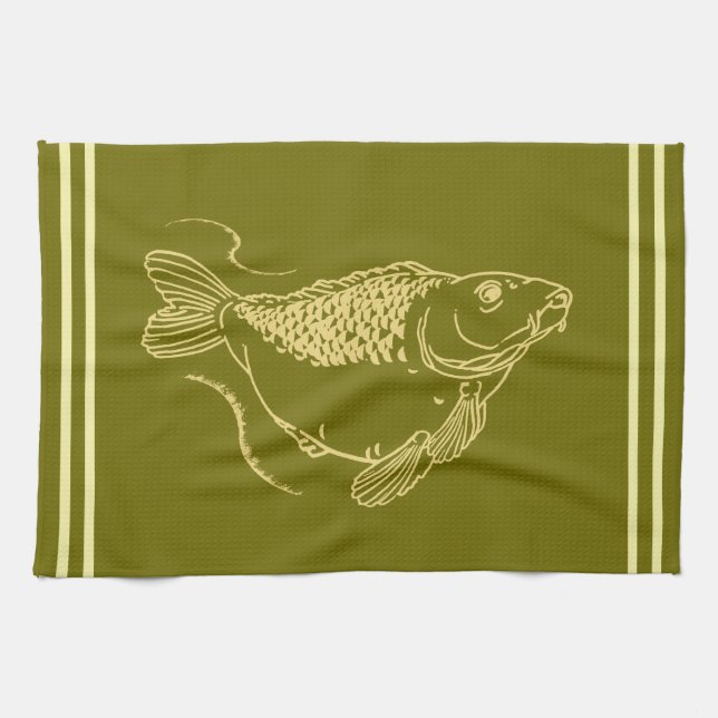 Carp Angling Fisherman Khaki Green Fishing Kitchen Towel (Horizontal)