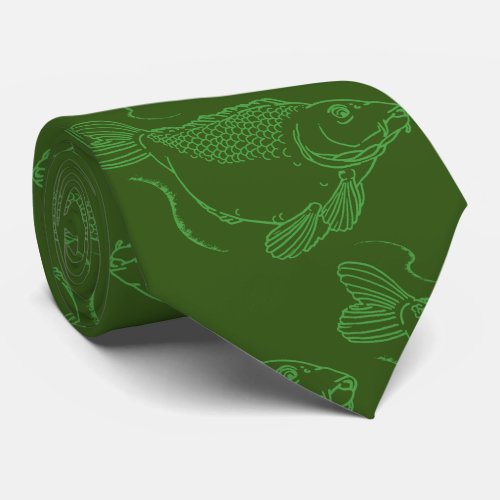 Carp Fisherman Fish Illustration Green Neck Tie