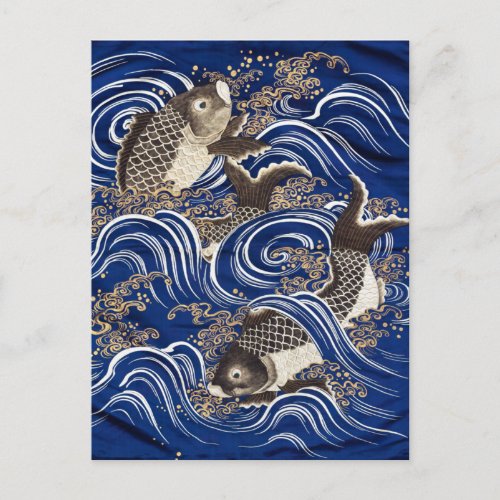 Carp in Waves Japanese Koi Fish Silk Tapestry Art Postcard