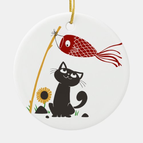 Carp streamer happy cat _ Choose background color Ceramic Ornament