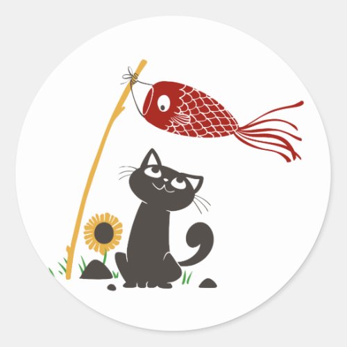 Carp streamer happy cat _ Choose background color Classic Round Sticker