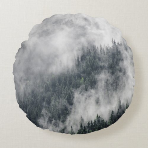 Carpathian Mountains Foggy Forest Scene Round Pillow