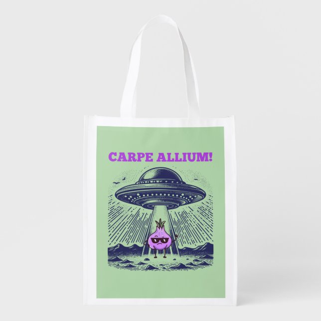 Carpe Allium – Funny UFO & Garlic Reusable  Grocery Bag (Front)