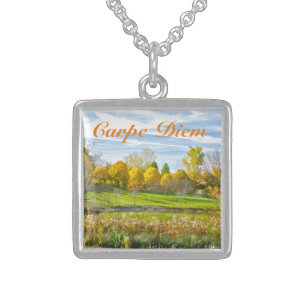 "CARPE DIEM"/BEAUTIFUL FALL DAY, GOLDEN TREES,BLUE STERLING SILVER NECKLACE