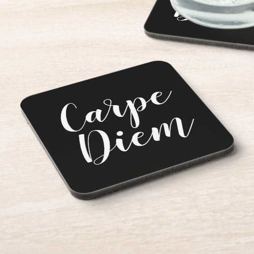 Carpe Diem black and white script typography  Beverage Coaster