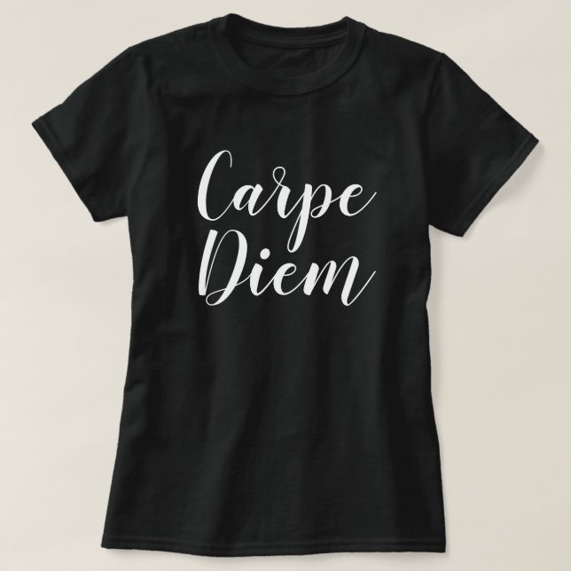 Carpe Diem black and white script typography T-Shirt (Design Front)