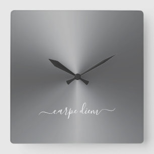 Carpe Diem Dark Gray Metallic Style Acrylic Square Wall Clock