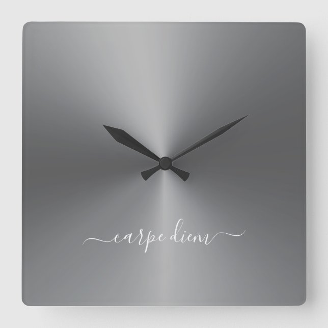 Carpe Diem Dark Gray Metallic Style Acrylic Square Wall Clock (Front)
