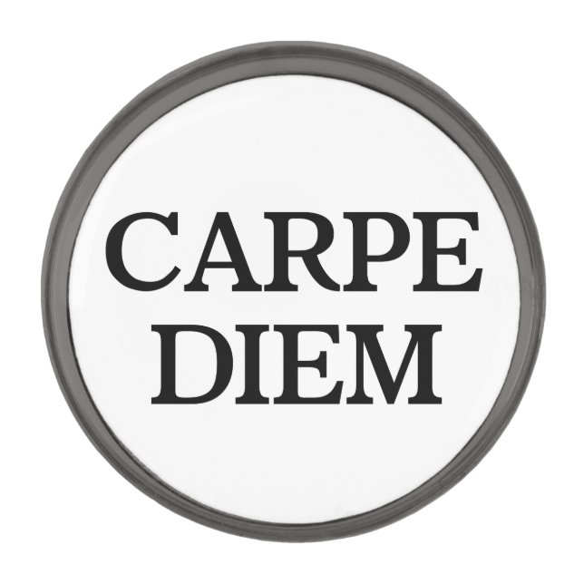 Carpe Diem white gunmetal round lapel pin (Front)