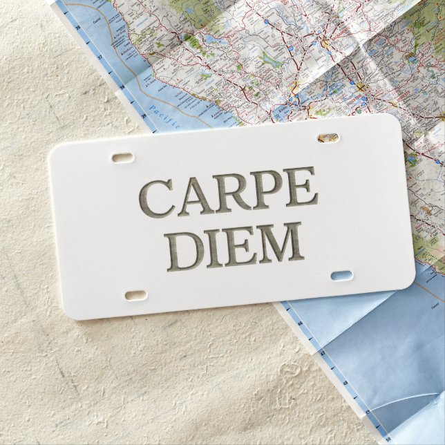 Carpe Diem white plastic car license plate (In Situ)