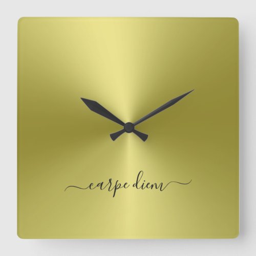 Carpe Diem Yellow Metallic Style Acrylic Square Wall Clock