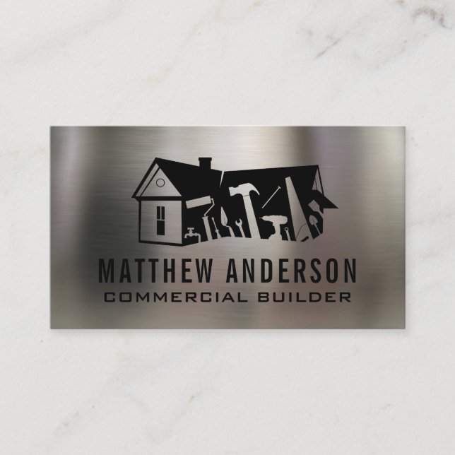 Carpenter Builder Tools Logo Design | Metal Business Card (Front)
