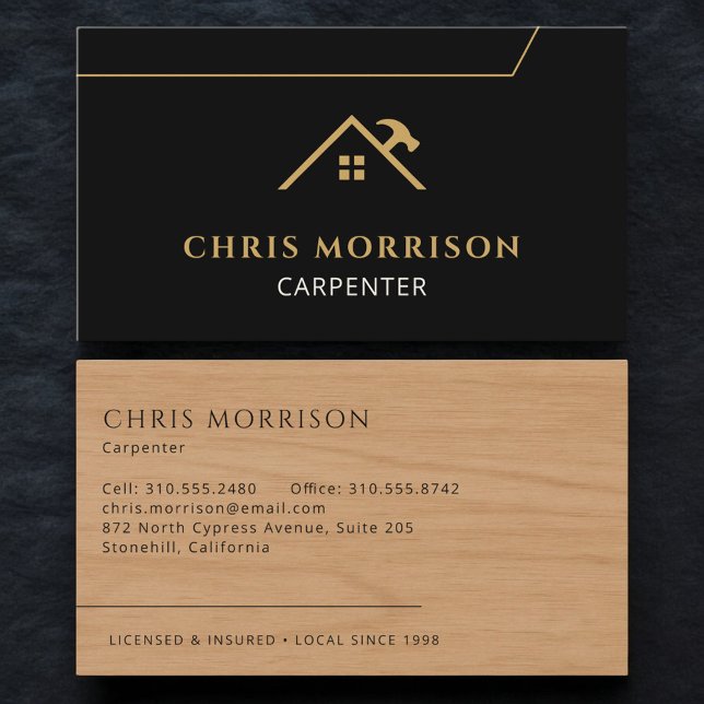 Carpenter Carpentry Black Gold Construction Business Card (Creator Uploaded)