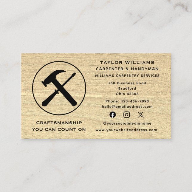 Carpenter Carpentry Rustic Wooden Fun Social Media Business Card (Front)