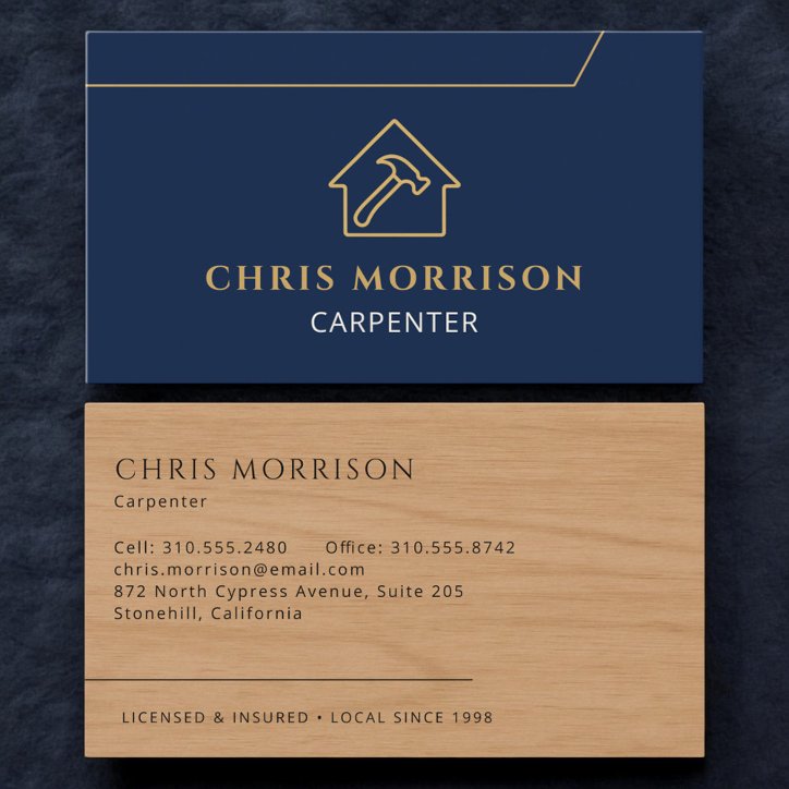 Carpenter Carpentry Wood Navy Blue Gold Business Card