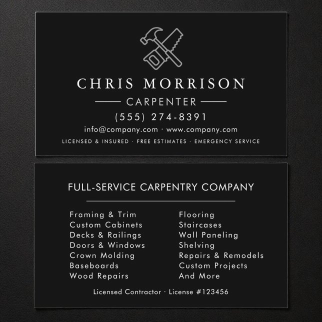 Carpenter Construction Black Silver Business Card (Creator Uploaded)