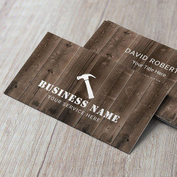 Carpenter Hammer Logo Rustic Wood Background Business Card by cardfactory at Zazzle