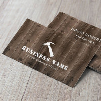 Carpenter Hammer Logo Rustic Wood Background Business Card