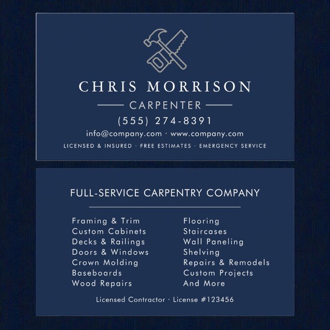 Carpenter Navy Blue Silver Business Card (Creator Uploaded)