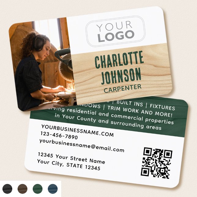 Carpenter Photo Logo Rustic Woodgrain Green Modern Business Card (Creator Uploaded)