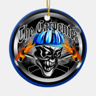Carpenter Skull with Blue Hard Hat Ceramic Ornament