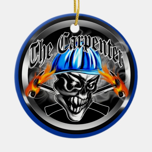 Carpenter Skull with Blue Hard Hat Ceramic Ornament (Front)