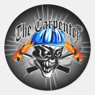Carpenter Skull with Blue Hard Hat Classic Round Sticker