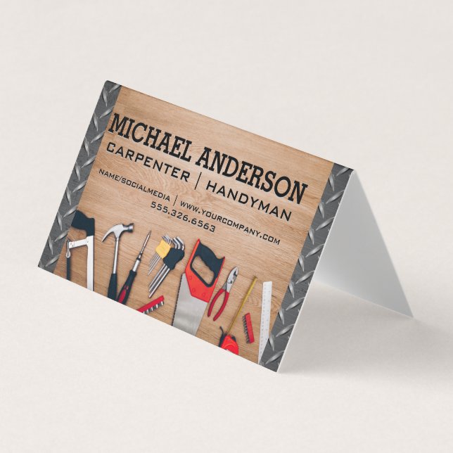 Carpenter Tools on Wooden Table | Metal Steel Business Card (Front)