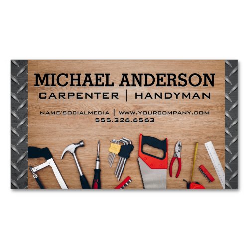 Carpenter Tools on Wooden Table  Metal Steel Business Card Magnet