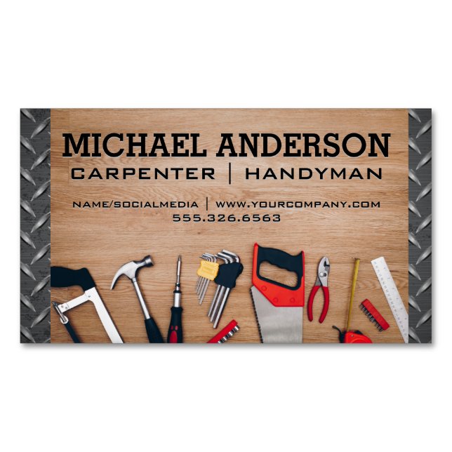 Carpenter Tools on Wooden Table | Metal Steel Business Card Magnet (Front)