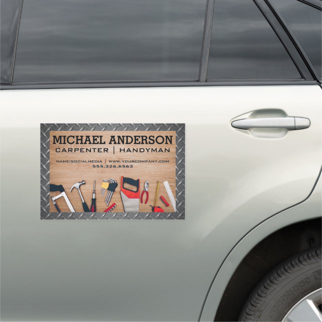Carpenter Tools on Wooden Table | Metal Steel Car Magnet (In Situ)