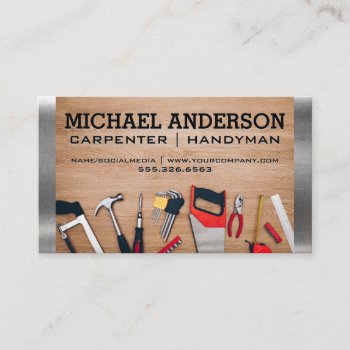 Carpenter Tools On Wooden Table | Metal Trim Business Card by lovely_businesscards at Zazzle