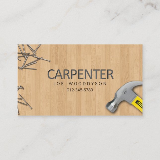 Carpenter Trade Skills Hammer Nails On Wood Business Card (Front)