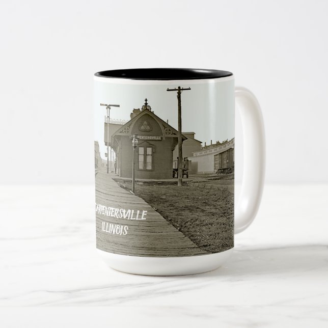CARPENTERSVILLE ILLINOIS RAILROAD DEPOT TRAIN 1890 Two-Tone COFFEE MUG (Front Right)