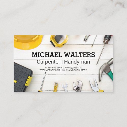Carpentry Building Tools on Wood Table Business Card