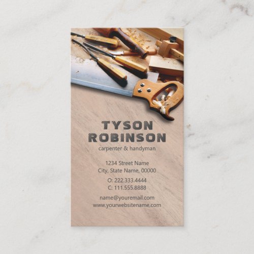 Carpentry & Handyman Repair Business Card - Stylish carpenter business cards featuring a rustic wooden background with handyman tools, and a simple text template that is easy to personalize.