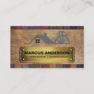 Carpentry Logo Gold Riveted Plate Wood Leather Business Card
