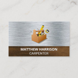 Carpentry Tool Box Metal and Wood Background Business Card