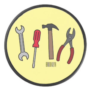 Carpentry tools cartoon illustration  hockey puck