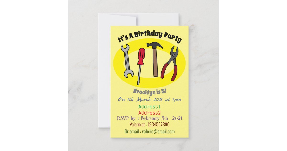 Carpentry tools cartoon illustration invitation | Zazzle