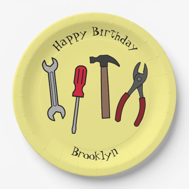 Carpentry tools cartoon illustration paper plates (Front)