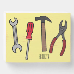Carpentry tools cartoon illustration  wooden box sign