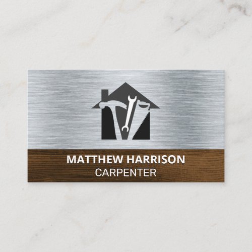Carpentry Tools Icon  Metal and Wood Background Business Card