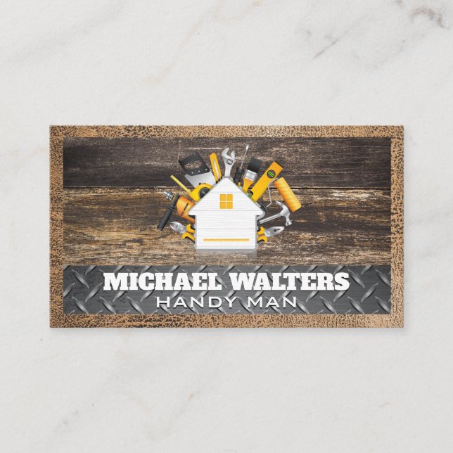 Carpentry Tools | Wooden Boards Steel Leather  Business Card (Front)