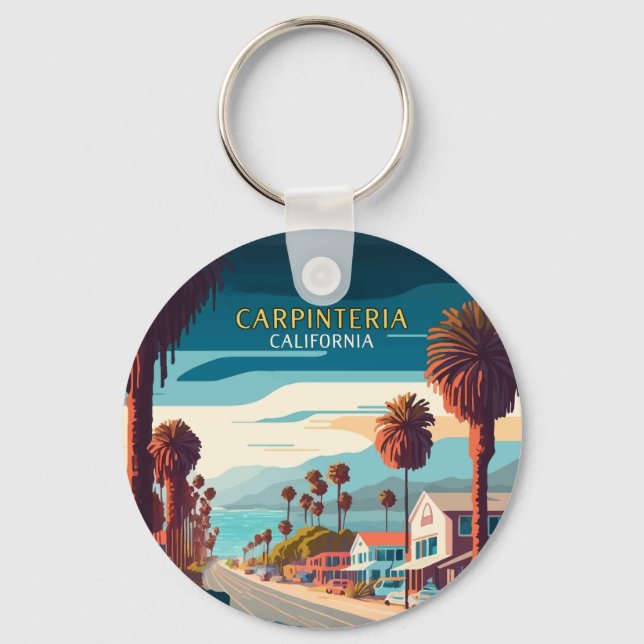 Carpinteria California Sunset Palm Trees Retro  Keychain (Front)
