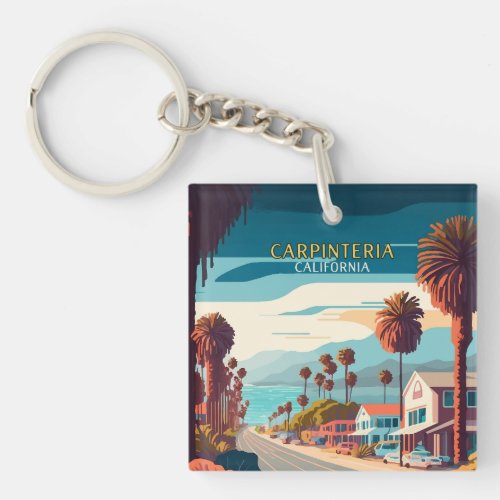 Carpinteria California Sunset Palm Trees Retro Keychain